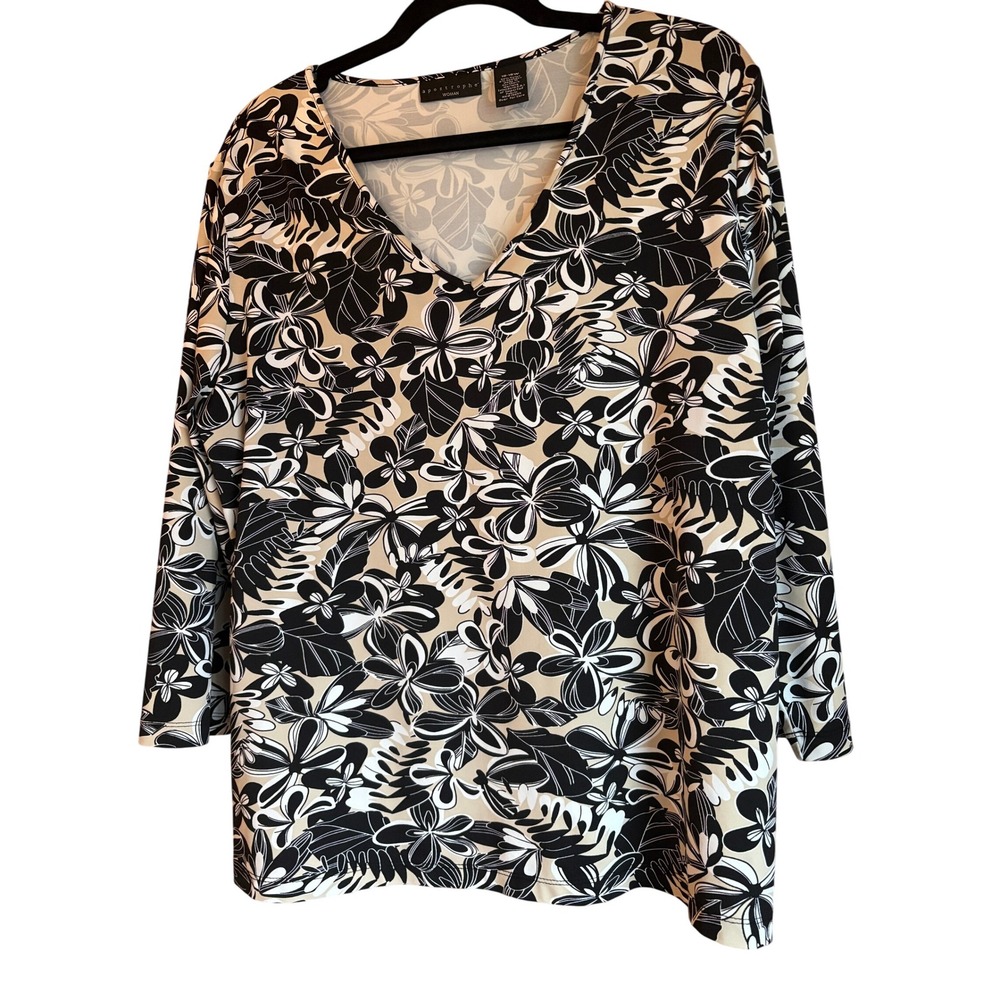 Apostrophe Woman Black Beige‎ Floral Print V Neck 3/4 Sleeve Tunic Top 16-18W